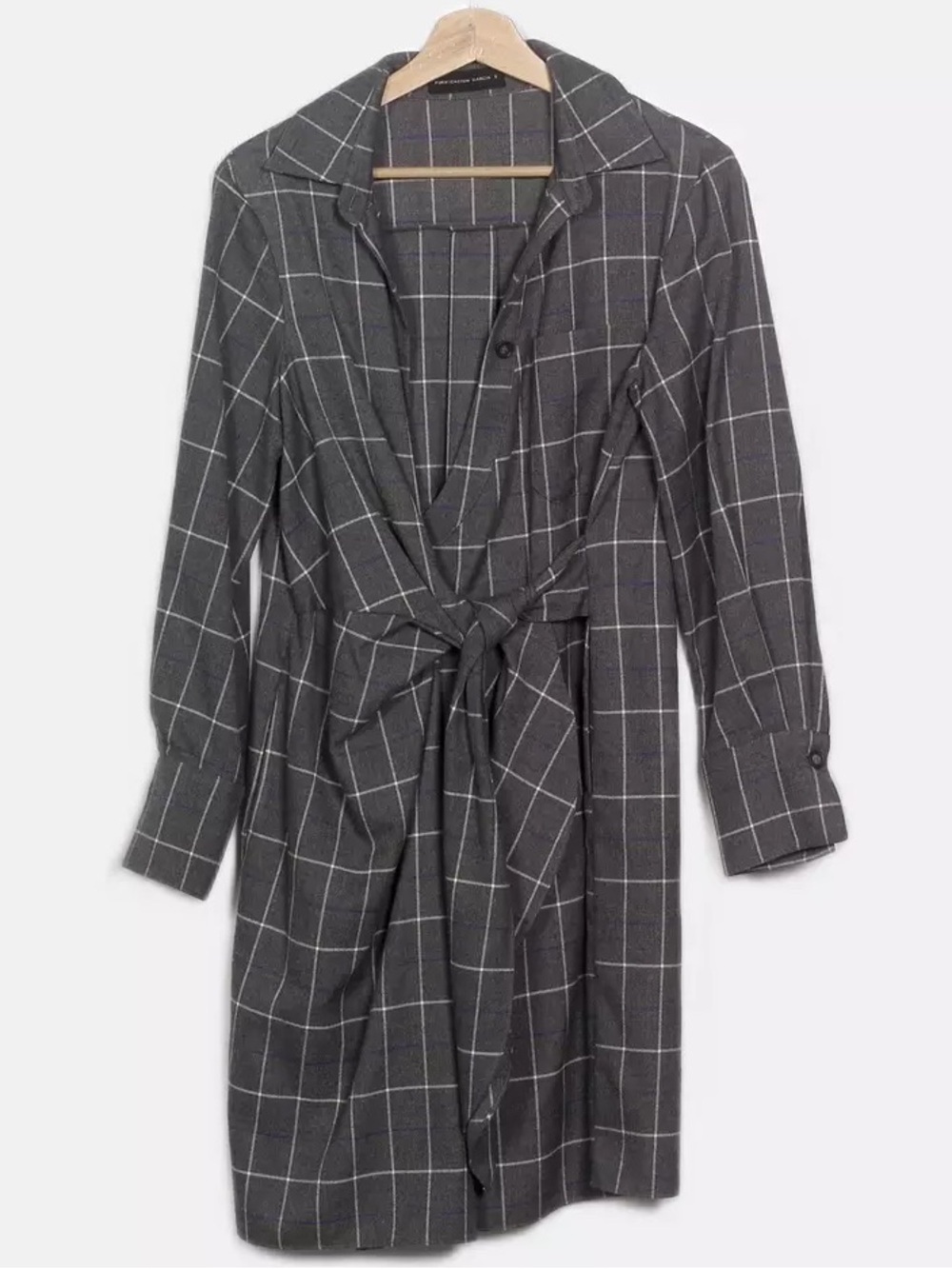 PURIFICATION GARCIA grey shirt dress with white windowpane pattern, belted